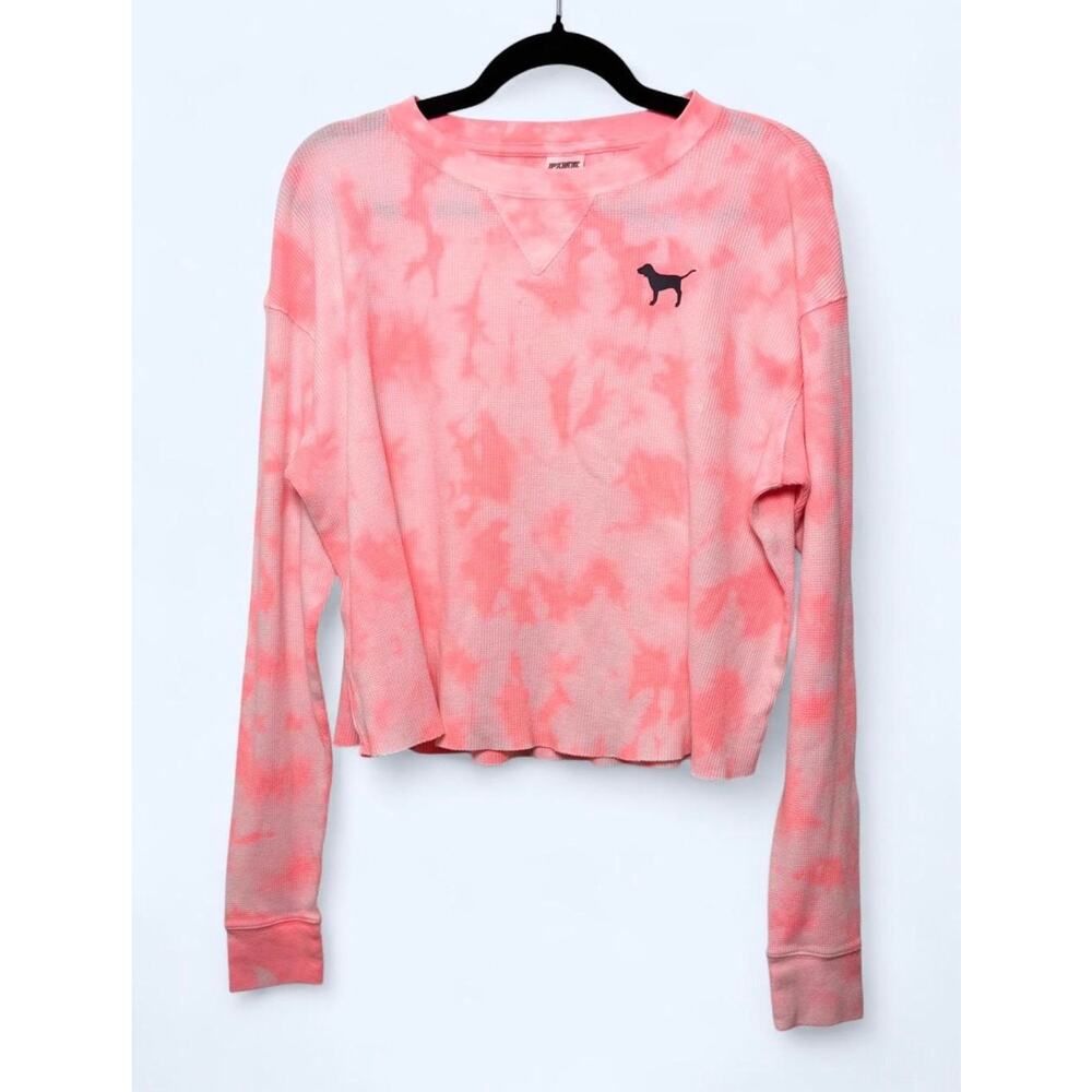 Victoria’s Secret PINK Neon Pink Tie Dye Long Sleeve Waffle Knit Thermal Top